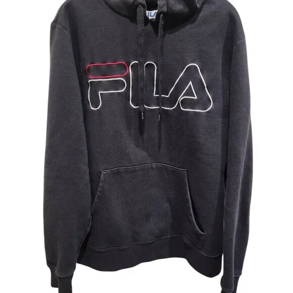FILA Embroidered Hoodie Sweatshirt Men s Size M Black Big Logo